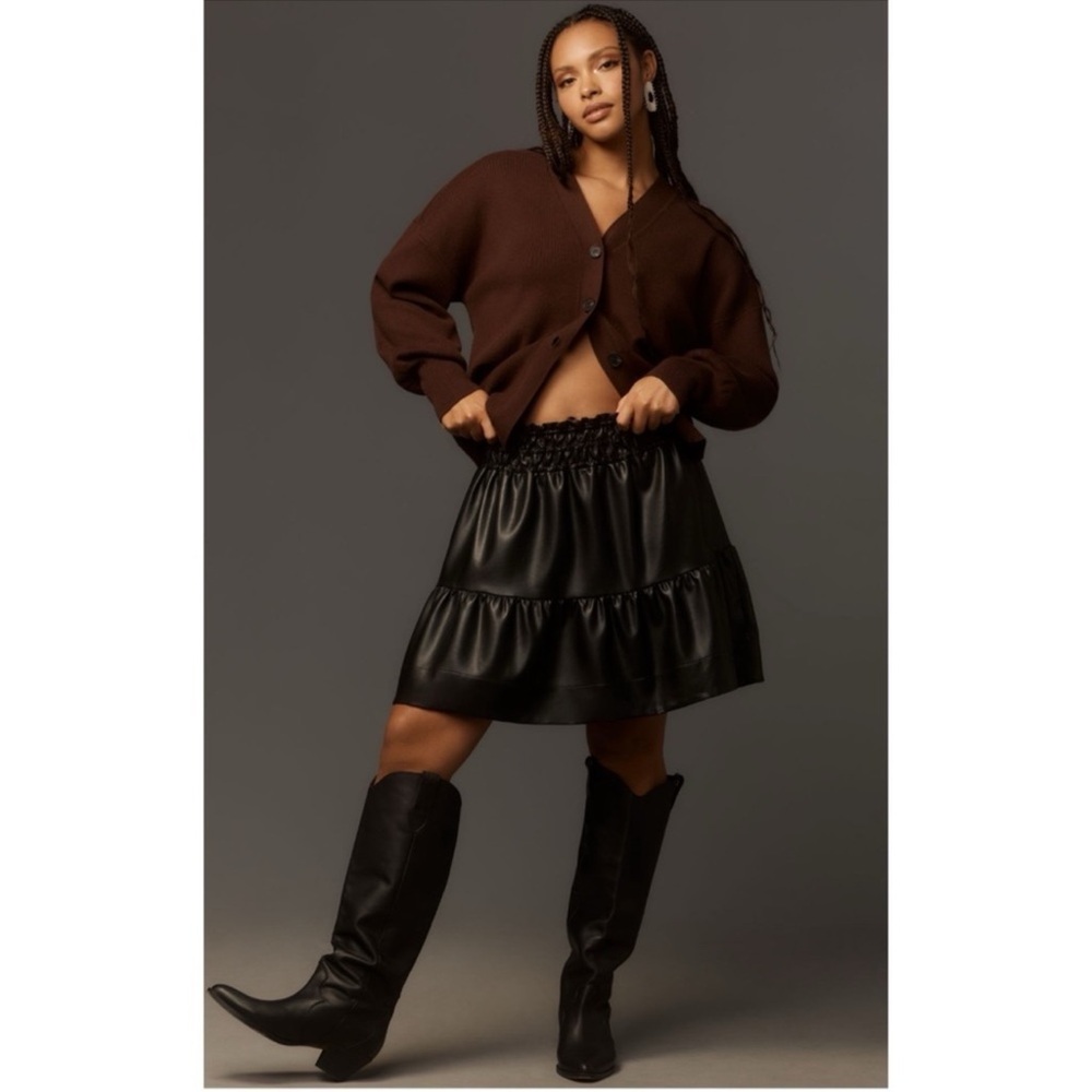 Anthropologie Somerset Faux Leather Black Mini Skirt Smocked Medium NWT - Picture 4 of 8